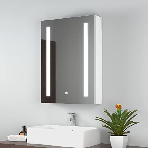 EMKE Led Bathroom Mirror Cabinet, Bathroom Wall Mirror Cabinet with Led Lights with Shaver Socket, Illuminated Mirror Cabinet with Dimmable, Memory Function 50L x 70H x 14.5D cm