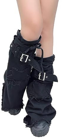 Sexybody Beinstulpen für Damen und Mädchen, Y2K, Kawaii, cool, Gothic, ausgestellt, Beinstulpen, Gyaru, Punk, lange Beine, Baggy, Grunge-Socken, Denim, Schwarz 846, Einheitsgröße