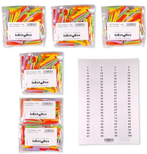 Tombola Lose - Regenbogenlose SET | 1-100 Gewinne | 400 Nieten | inkl. Aufklebenummern | bunt gemischt