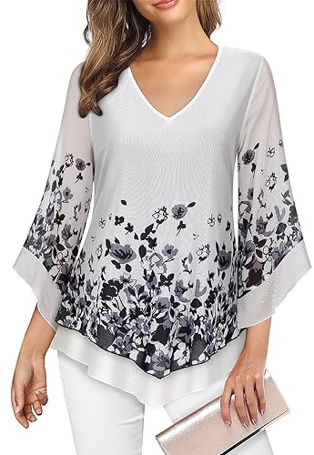 Gemulate Plus Size Blouses for Women Dressy 3/4 Sleeve Tops Double Layers Elastic Mesh Flowy V Neck Chiffon Elegant Fall Casual Shirts for Daily, Work-Floral White,3XL