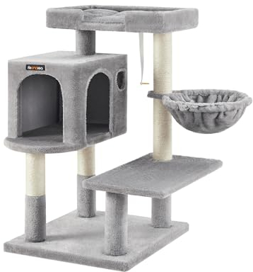 Feandrea Árbol para Gatos, Torre para Gatos con Postes Rascadores de Sisal, Plataforma Grande, Cueva, Cesta Giratoria, Cojín Extraíble y Lavable, Gris Paloma PCT042W01