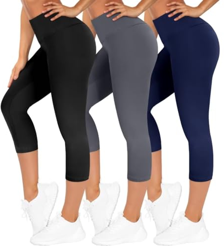TNNZEET 3er Pack Capri Leggings Damen 3/4 für Sport, 7/8 Leggins High Waist Hose Sporthose für Gym Yoga(Schwarz/Dunkelgrau/Marineblau,XXL)