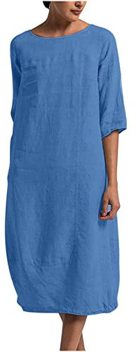 AMhomely Beach Dresses for Women UK Ladies Linen Summer Dresses Plus Size Short Sleeve Casual Half Sleeve Swing Crewneck Loose Shift Dress Elegant Pullover Dress Holiday 01 Blue XL