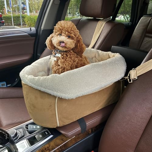 VERCART Siège Auto pour Chien avec Console Centrale - Pour Petits Chiens de Moins de 6 kg, Amovible et Lavable avec Sangle, Camel 43 x 22 x 17 cm