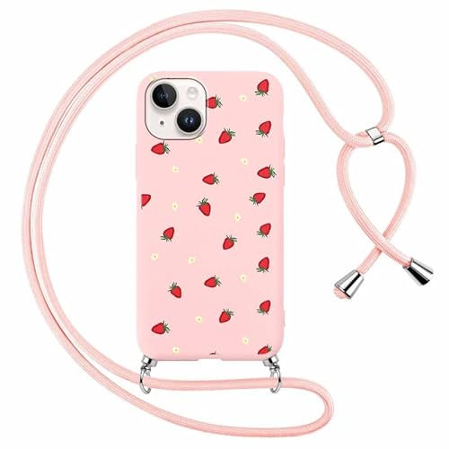 Foonary Coque pour Apple iPhone 14 Plus avec Cordon de Collier, Aesthetic Fraise Motif Étui Housse Réglable Lanyard Corde, Souple Silicone TPU Antichoc Protection Case pour iPhone 14 Plus 6,7, Fraise