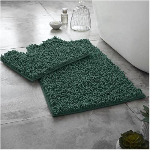GC GAVENO CAVAILIA Loop Bath Mat Sets 2 Piece Washable Toilet Rug, 100% Microfiber Chenille Bath Mats, Quick Dry Pedestal Dark Green Bathmat, Super Absorbent Non Slip Shower Mat