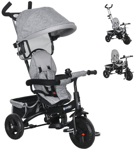 HOMCOM Triciclo Evolutivo para Bebés 1-5 Años 6 en 1 95x50x106 cm Gris | Bicicleta para Niños, Toldo Plegable, Mango Telescópico Desmontable, Cinturón de Seguridad, Cesto