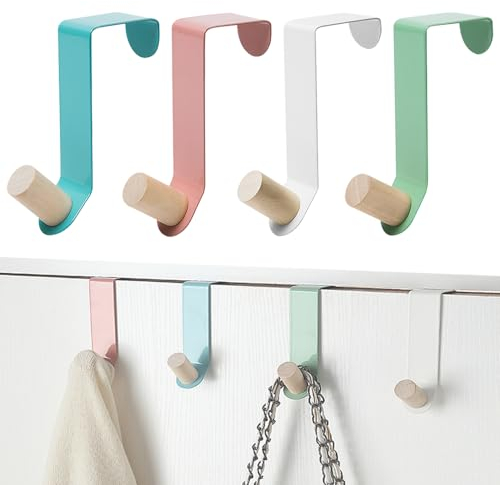LYTIVAGEN 4 PCS Crochet Porte Manteau Acier au Carbone + Bois, Patère Porte Manteau sans Percage, Porte Serviette Porte à Suspendre pour Porte, Chambre, Entrée, Bureau (Bleu, Blanc, Rose, Vert)