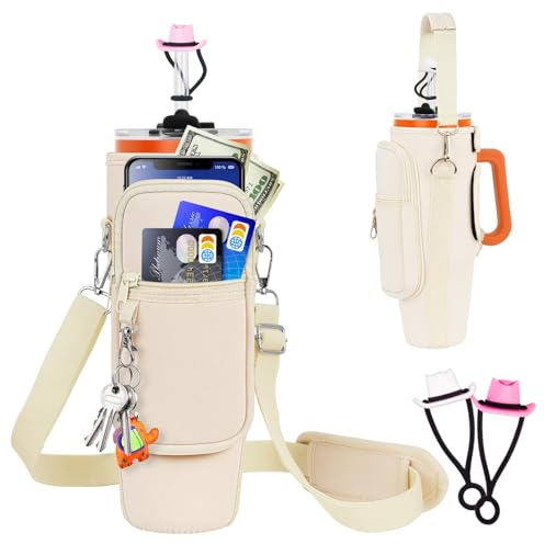 Water Bottle Carrier Bag with Phone Pocket and 2 Straw Covers Compatible with Stanley/Meoky/BrüMate 40 oz Tumbler with Handle,Water Bottle Holder with Adjustable Strap Fits for Stanley Cup Accessories