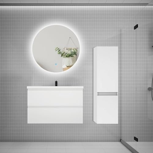 AICA Ensemble Meuble Salle de Bain Simple Vasque 80cm avec lavabo + Colonne + Miroir Rond,Blanc