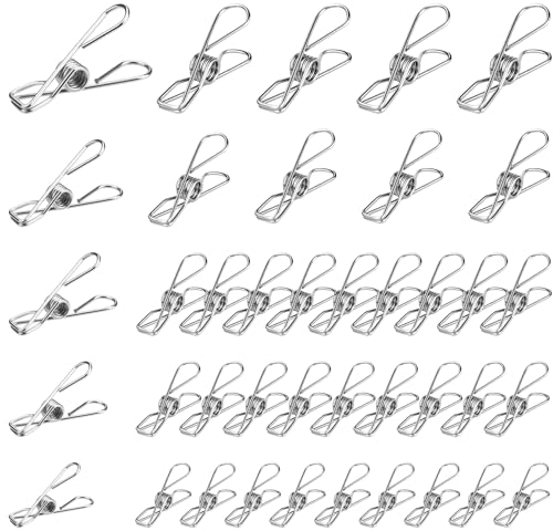 zrfgbxim 40 Piezas Pinzas para Ropa de Acero Inoxidable, Pinzas para Ropa de Metal Antideslizante, Pinzas Metalicas Multipropósito para Secar Ropa, Toallas, Mantas, Bolsas, Calcetines, 5 Tamaños