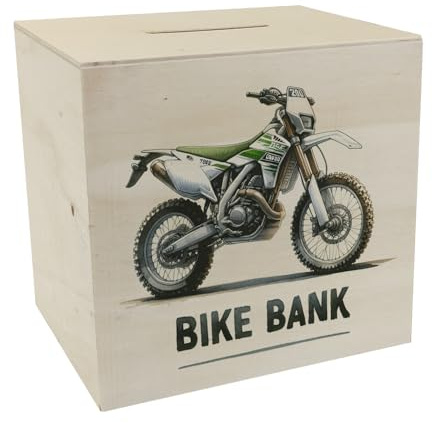 Enduro Motorrad Spardose aus Holz mit Spruch Bike Bank weiß hellgrün Offroad Maschine Perfekt für Fahrzeug-Liebhaber Text in coolem Design