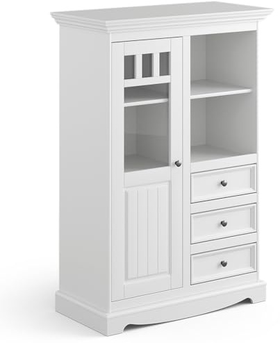 Lomadox Wohnzimmer Esszimmer Schrank Highboard Vitrine, Massivholz in weiß