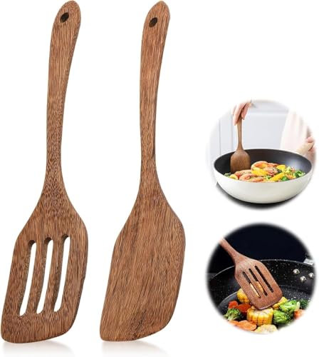 Spatola in legno, 2 pezzi da 30 cm, con manico lungo e paletta a fessura, spatola, pentole Turner antiaderenti, lavabili in lavastoviglie per cucinare, set di spatole, protezione dai graffi per