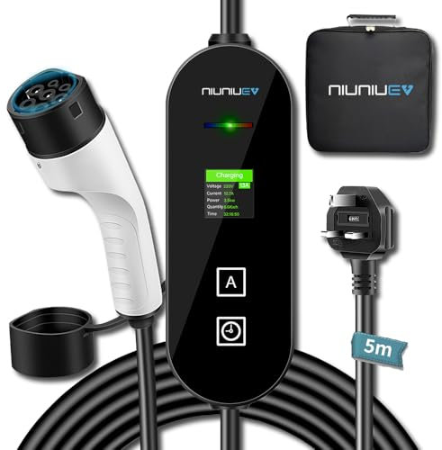 NIUNIUEV® EV Charger Cable Type 2 to 3 Pin Plug [5m | 3KW | 6A~13A],Portable Electric Car Charger UK 3-Pin EV Charger,Type 2 Charging EV Charger with LED Display,Timing function,For EVs and PHEV