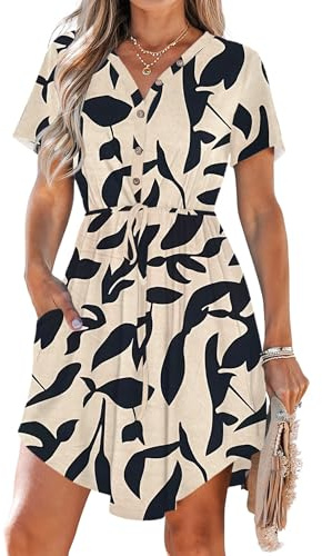 AUSELILY Summer Dresses for Women UK Casual V Neck Short Sleeve Drawstring Midi Dresses with Pockets Apricot Black Leaf XL