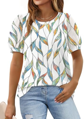 Aokosor Womens T Shirts Ladies Swiss Dot Tops Pleated Front T Shirt Puff Sleeve Summer Tops Leaf Print Size 10-12