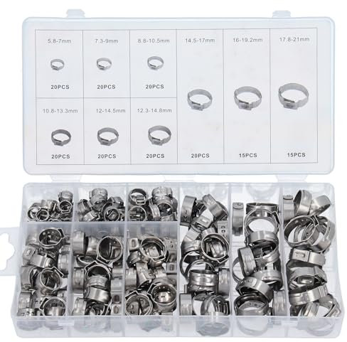 GEPCO 170-tlg Schlauchschellen Set | Edelstahl 1 Ohr Schellen 5,8-21 mm | Rohrschellen Schlauchbefestigung Klemme Montage rostfrei