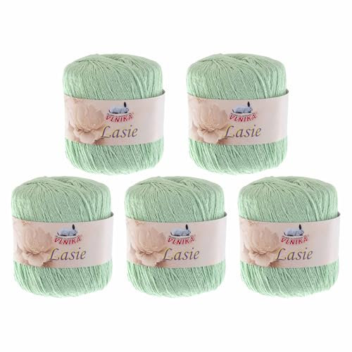 5 Knäuel Häkelgarn Lasie je 150m/50g mit Glitzer Sommergarn Strickgarn Glitzerwolle 15 Farben, Farbe:mint