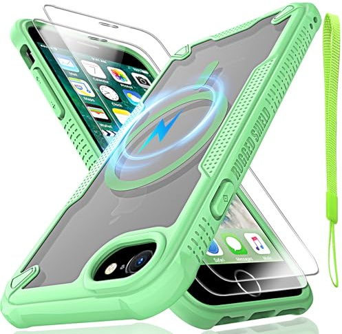 for iPhone 6/7/8,SE2,SE3 Case, Translucent Matte Back with Magsafe Magnetic Slim Shockproof Protective Case with Lanyard Strap and 2*9H Tempered Glass Screen Protector Phone Cover 4.7-inch-Green