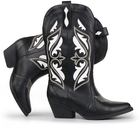 Hawkwell Stivali da cowboy da donna con ricami e cuciture, lunghezza al polpaccio, punta in pizzo, tacco a blocco (taglia 36-42), Nero , 39 EU