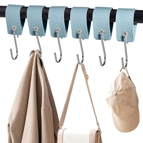 XHTXHT 6 Stück S Haken mit Lederschlaufe, haken für Kleiderstange Haken Garderobe Kleiderhaken Edelstahl für Garderobe Küche Badezimmer Camping(Hellblau)