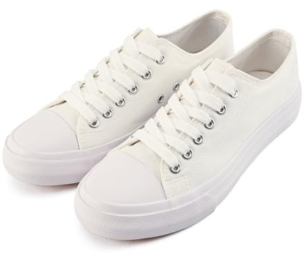 dolphinslides Ladies Canvas Shoes Low Top Trainers for Women Men Classic Lace Up Sneakers Canvas Plimsolls Pumps Casual Tennis Shoes Slip On Lightweight Comfortable Sneakers All White 250