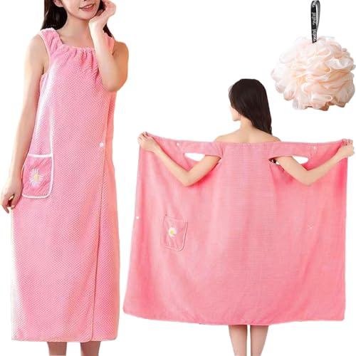ZenyTra Peignoir pour femme avec poches - Rose - Peignoir en éponge absorbant pour sauna, plage et piscine - Serviette de sauna douce avec de grandes poches (avec 1 boule de douche)
