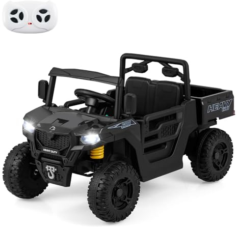 COSTWAY Kinder Elektroauto, 12V Kinderauto mit elektrischer Kippmulde & Fernbedienung, Kinderfahrzeug mit Musik, Geschichten, LED-Lichter & Federung, Elektrofahrzeuge für Kinder ab 3 Jahren (Schwarz)