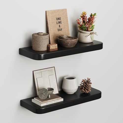 hi-home Wandregal Holz 2er Set 40 cm, Schweberegal mit Halterung, Schwarz | Wandregal aus Massivem Kiefernholz im 2er Set mit Verdeckter Halterung 40 cm Breit für Stilvollen Stauraum in Jedem Raum