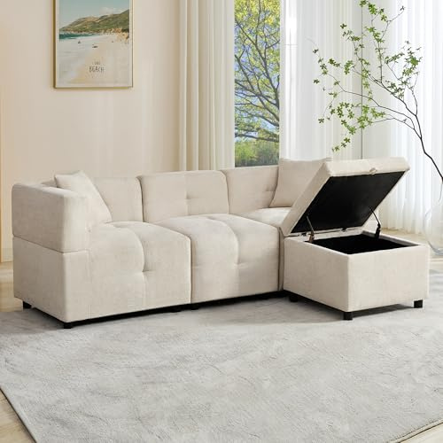 BTM Canapé d'angle Modulaire 3 Places en Forme de L avec Espace de Rangement, Pouf et 2 Coussins, pour Salon, Beige