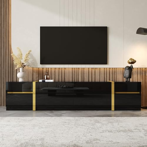 BTM Mobile Porta TV da Terra Lucido con Cassetti e Ante, Bordi Color Oro Mobiletto TV, Soggiorno Moderno Mobili Nero