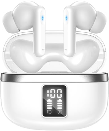 JBMI Wireless Earbuds Bluetooth Earphones, 60H Deep Bass Ear Buds with 4 Noise Cancelling Microphone, IPX5 Waterproof in Ear Headphones for iPhone Android Sports Gaming Usb C (Pearl)