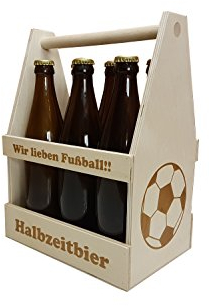KF-Holz Bierträger mit Kapselheber und Gravur, Flaschenträger, Männerhandtasche, 6er, 8er Holzträger mit Gravur (6er Bierträger Fussball)