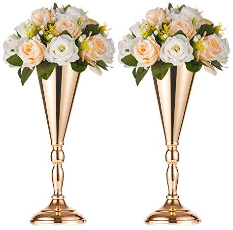 NUPTIO 2 Stücke Gold Hochzeit Blume Trompete Vase Tabelle Dekorative Mittelstück Künstliche Blumenarrangements für Jubiläum Zeremonie Party Geburtstag Weihnachten Dekoration, Vasen für Tischdeko