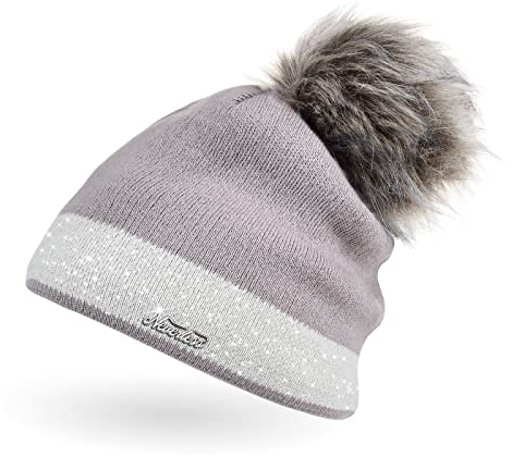 Neverless Damen Strick-Mütze gefüttert mit Fell-Bommel Kunstfell Winter-Mütze Feinstrick Glitzer-Garn Bommelmütze Dunkelbeige-Hellbeige Unisize