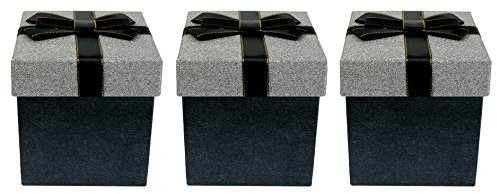 Emartbuy Set von 3 Starrer Geschenkbox, 11,5 x 11,5 x 12,7 cm, Black Box mit Silber Glitzer Deckel
