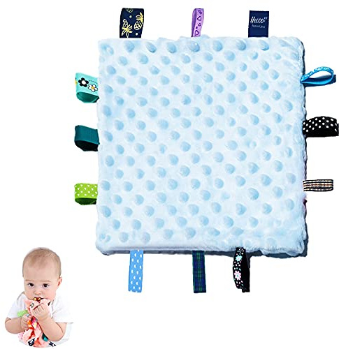HECCEI Baby Tags Security Blanket, Baby Comforter Tag Blanket, 10 × 10 inchs Cozy Plush Blankets with Colorful Tags, Infant Appease Blankets for 3+ Months Babies Boys/Girls