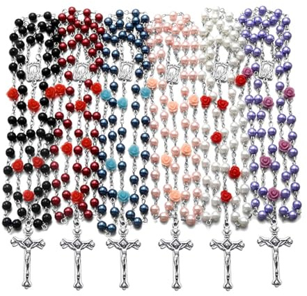 Rosary Beads Catholic Bulk for Women Men, Rose Our Father Beads with Jesus Christ Crucifix Cross First Communion Confirmation Gifts-6 Packs
