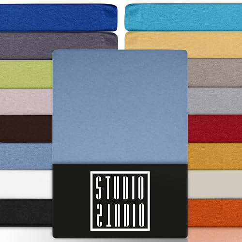STUDIO Premium Spannbettlaken 90x200cm, 90x220cm, 100x200cm & 100x220cm – Jersey-Spannbetttuch aus 97 % Baumwolle & 3 % Elastan – Mittelblau – Öko-Tex Zertifiziert, bügelfrei – für Matratzen 15–35cm