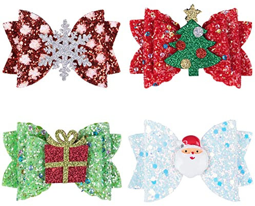 4 Stück Weihnachten Haarspangen Mädchen, Glitter Weihnachts Haarschmuck Hair Bow Haarclips Haar Accessoires für Kinder Mädchen Weihnachtsfeier Festival