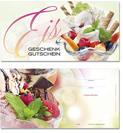 GESCHENKGUTSCHEINcom by POS-HAUER. 100 Gutscheine, blanko zum selbst Ausfüllen. Für Eissalon Eis-Café Eisdiele.