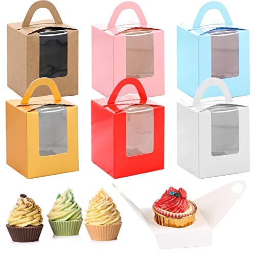 24Pcs Single Cupcake Boxes with Window Small Muffin Boxes Individual Bakery Boxes with Handles and Cardboard Inserts Cake Carrier Holder Gift Box for Wedding Birthday Party Pastry Wrapping Decoration