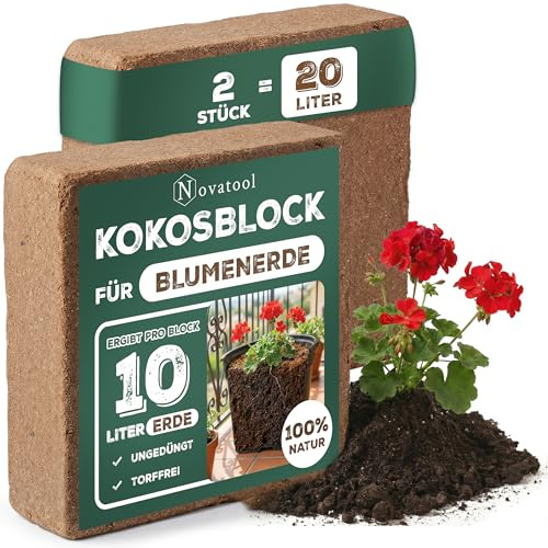2X Kokoserde mit Beutel für Zimmerpflanzen 20 Liter 750g 19x18x5cm Kokosfasern Kokossubstrat | Kokoserde Anzuchterde Humusziegel Blumenerde Bio Gartenerde Kokosziegel fein Quelltabletten Kokos