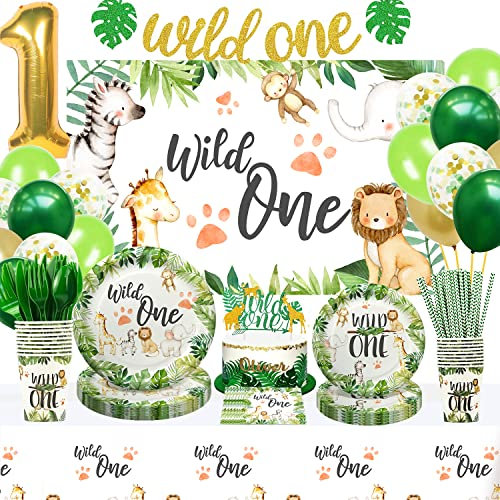 FVABO Wild One Birthday Decorations - Jungle Theme Party Supplies Tableware Includes Plates, Cup, Napkin, Balloon, Backdrop, Tablecloth, Straw, Cutlery, Banner for Safari Theme Birthday Decorations