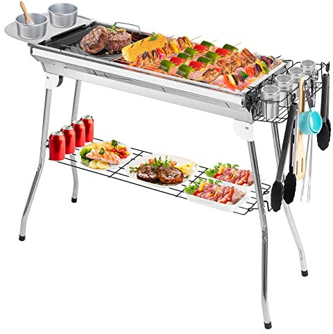 Griglie portatili a carbonella, barbecue pieghevole per esterni, in acciaio inox, set con piastra per spezie e conservazione e supporto, grande griglia per affumicare, per cucina, campeggio, picnic,
