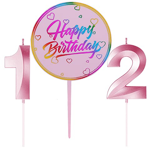 Ein Herz 12. Geburtstag Kerzen, Rosa Geburtstagskerze Zahl, Tortenkerzen Zahlen 12, Geburtstagskerzen Nummer, Zahlenkerzen für Torte, Kuchen Topper Happy Birthday Rosa für Hochzeit Jubiläum Feier