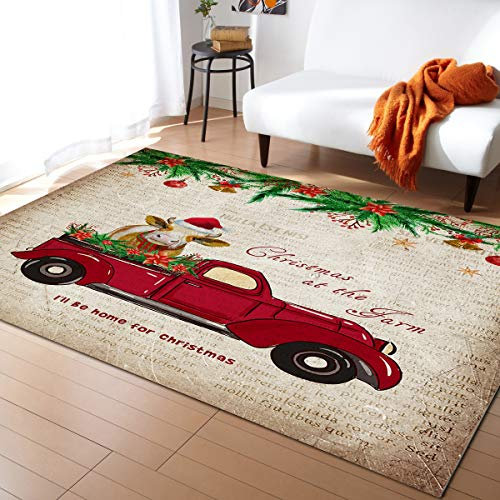 Alfombra de área grande for sala de estar, Navidad en la granja, camión rojo, fondo de periódico de vaca lechera, alfombra suave y cómoda, decoración del hogar, alfombras de corredor contemporáneas, 5