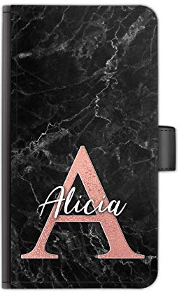 Personalised Initials Phone Case Low Pink Initial White Name on Black Marble PU Leather Side Flip Wallet Phone Cover for Apple iPhones, 16, 15, 14,13, 12, 11, Pro Max, Mini, XR, XS, SE