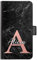 Personalised Initials Phone Case Low Pink Initial White Name on Black Marble PU Leather Side Flip Wallet Phone Cover for Apple iPhones, 16, 15, 14,13, 12, 11, Pro Max, Mini, XR, XS, SE
